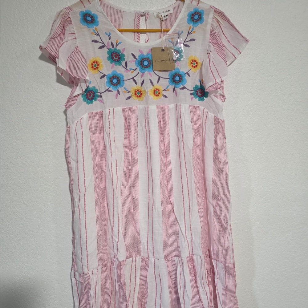 Blu Pepper Striped Dress with Blue and Yellow Embroidery